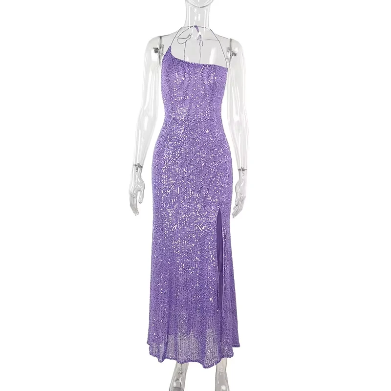 

Sexy One shoulder Split Ne Hanging Fi Tail Dr Ele High Waist Long Skirt Bal Svel Women's Shinny sequins Gown