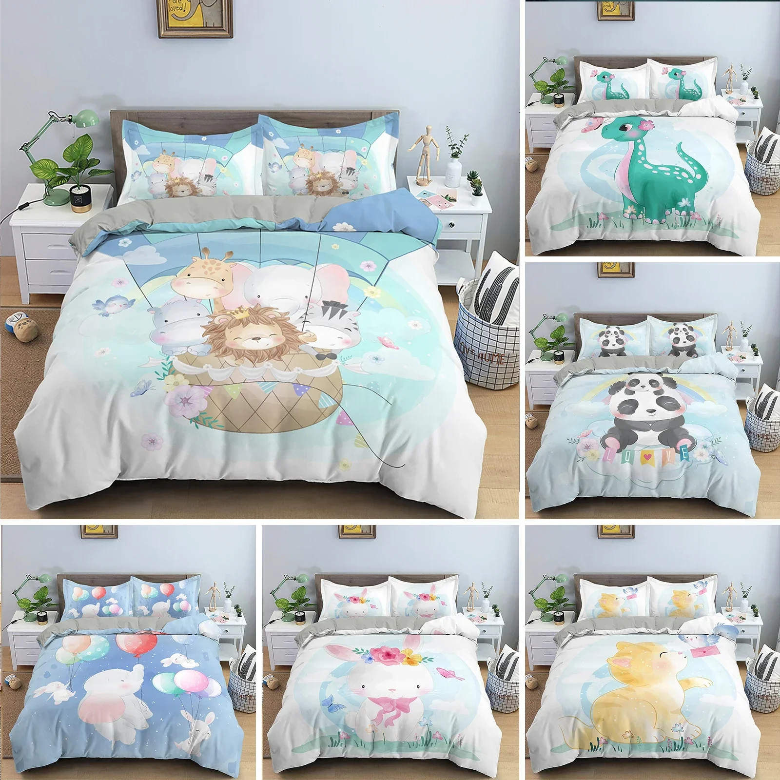 Cartoon Animal Lion Hippo Giraffe Comfortable Duvet Quilt Cover Pillowcase Bedding Set Children Bedroom Decoration Home Textile
