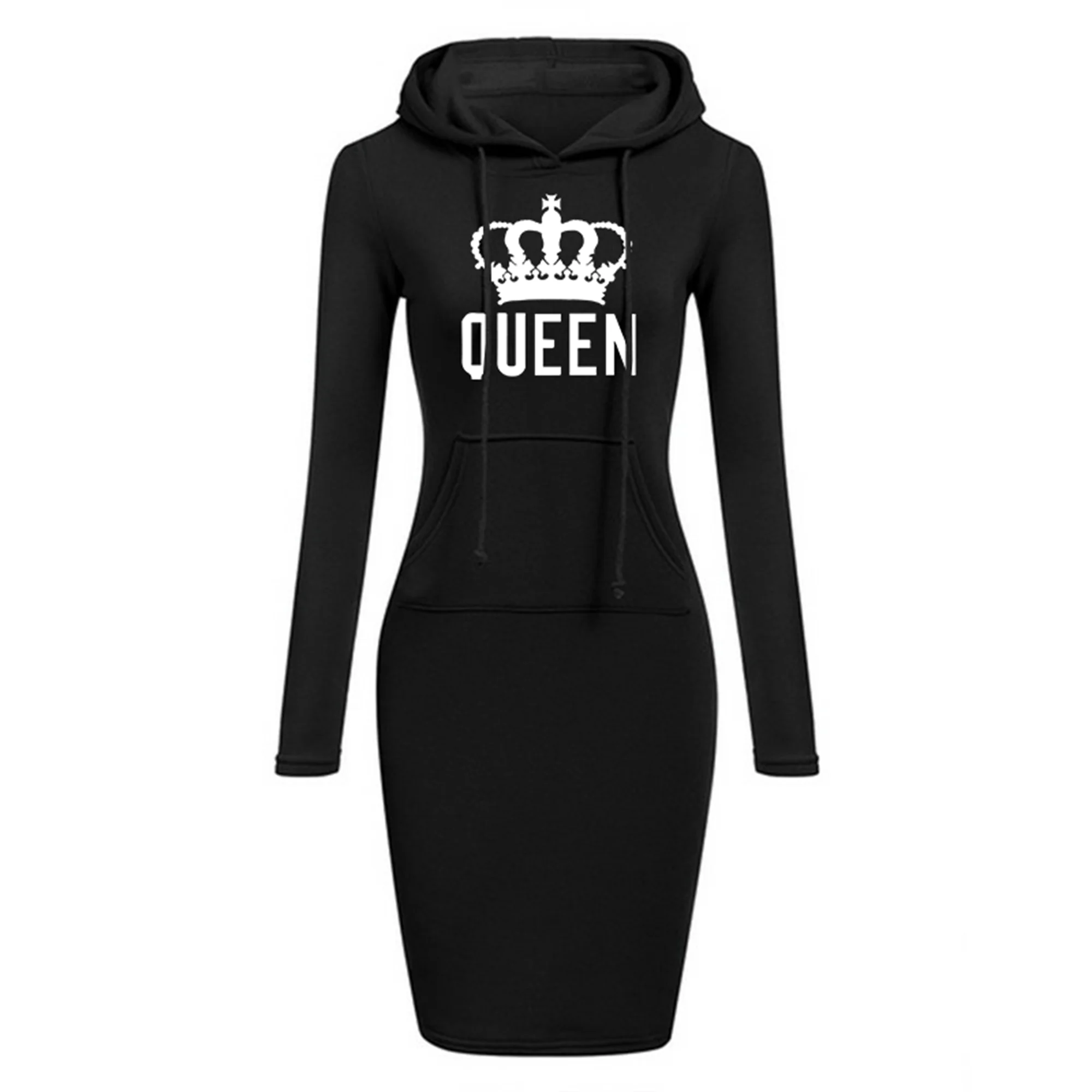 Daily Hot Casual Slim Queen Printed Women\'s Hoodie Knee Dress Sweatshirt Casual Pocket Hoodie Fashion Hoodie Dress Pullover