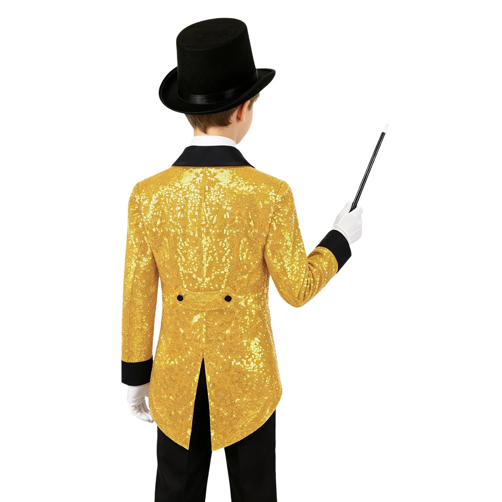 Kids Boys Magician Costume Set Long Sleeve Sequin Tailcoat Jacket Tuxedo with Bowtie Hat Gloves Wands Carnival Magic Performance