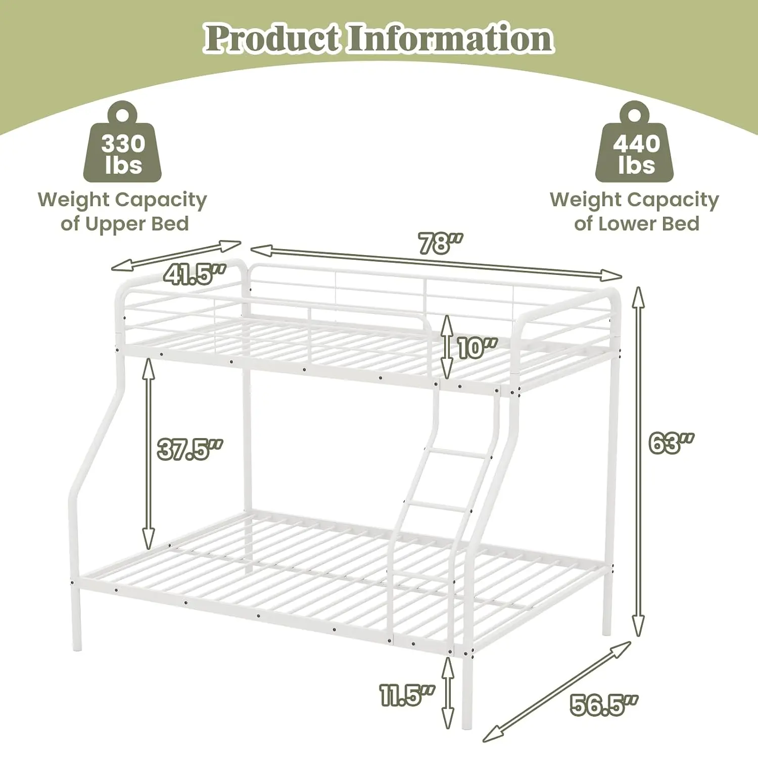 Twin Over Full Metal Bunk Bed, Heavy-Duty Bed Frame with Inclined Ladder, Safety Guardrail, Metal Slats Support