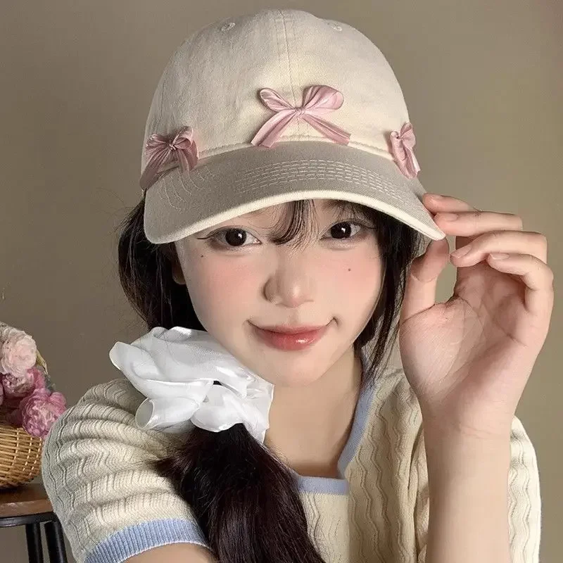 Korean Loose Casual Sweet Baseball Cap All Match Sunscreen Visored Cap Bow Patchwork Slim Face Adjustable Women Peaked Cap
