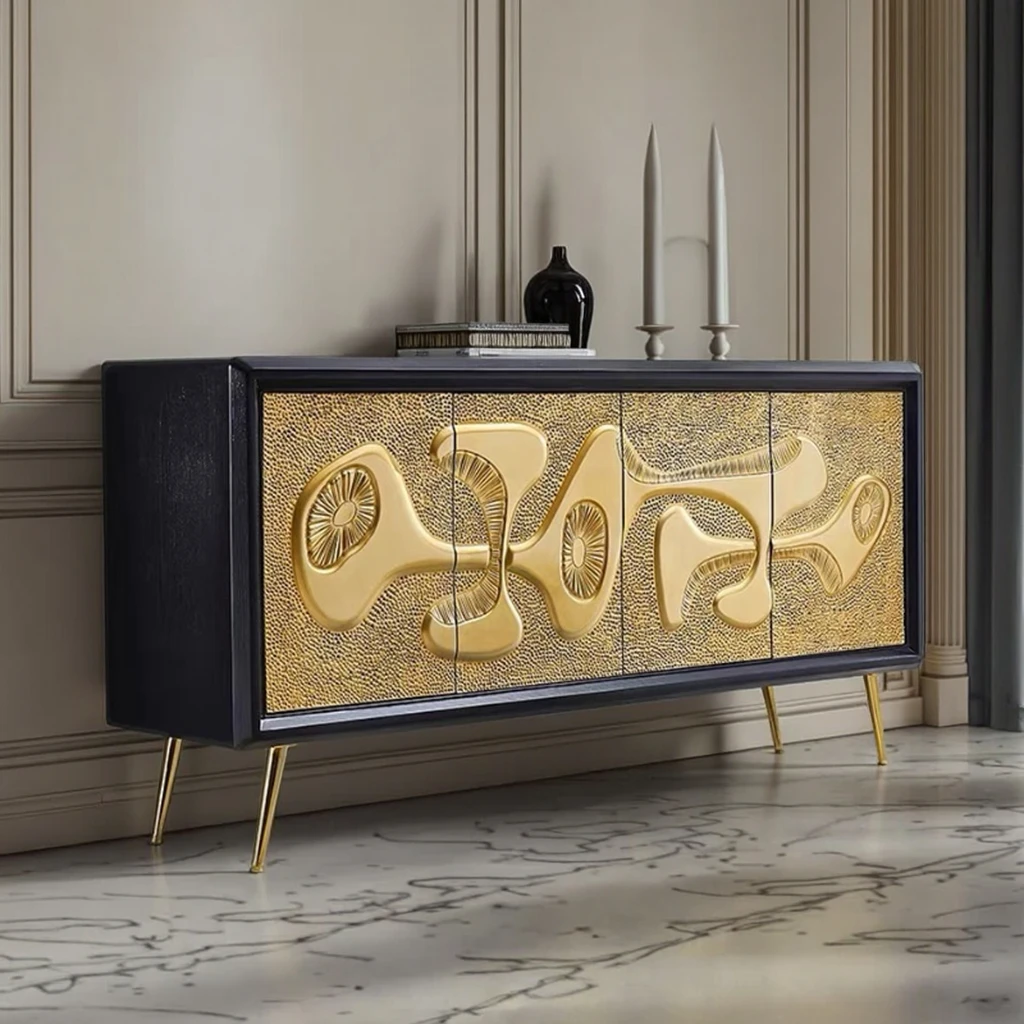 Modern Wooden Cabinet Credenza with Metal Legs Textured Brass Doors 4 Drawers 4 Compartments Dining Living Room Furniture