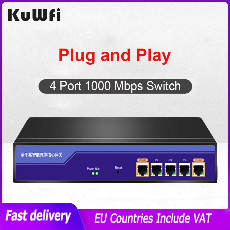 KuWFi  4 Port 1000 Mbps Switch Ethernet Managed Switch RJ45 Hub Internet VLAN/DHCP/LACP/IGMP Gigabit Network Switch PPPoE Server