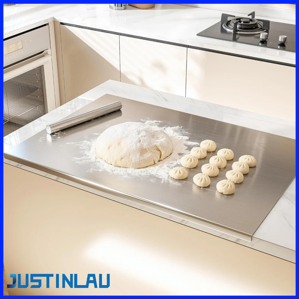 Tabla de cortar de acero inoxidable JUSTINLAU, panel multifuncional para amasar, tabla de cortar antideslizante, tabla para picar, fácil limpieza