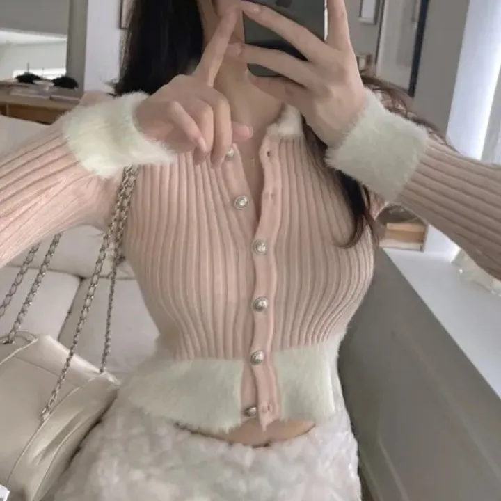 Chic Autumn Winter ort Sve Long Knitted Sweater Splice Single Button Sexy Girl Slim Fit Casual Sle Polyester Fiber