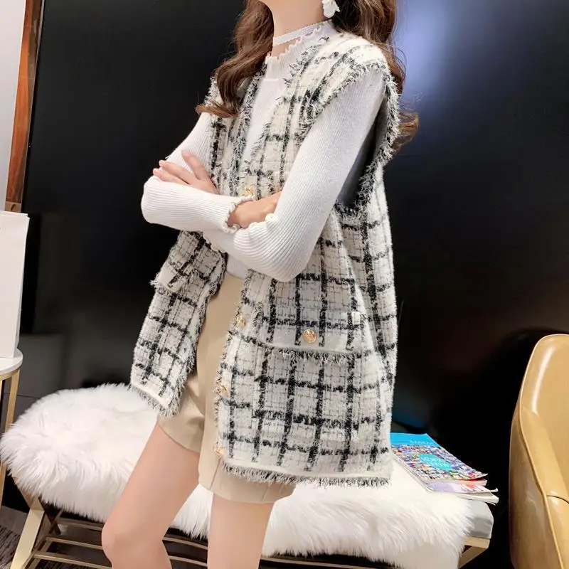 Female Vest Outerwear Tops Women Single-Breasted Tweed Woolen Vest Vintage V Neck Sleeveless