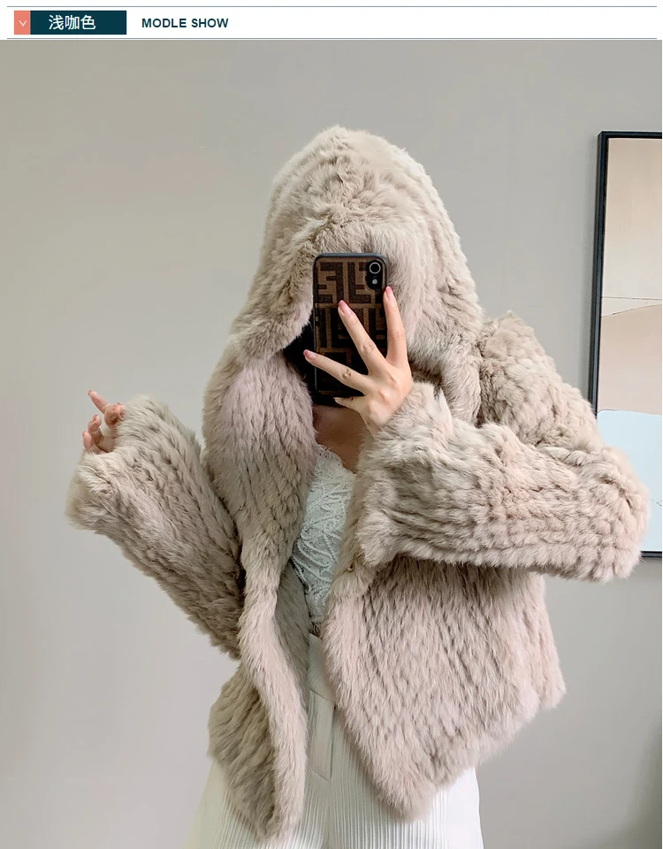 Long Sleeve Casual Loose Knitted Real Rabbit Fur Hooded Coat Women Genuine Natural Rabbit Fur Outwear Female Fur Jacket
