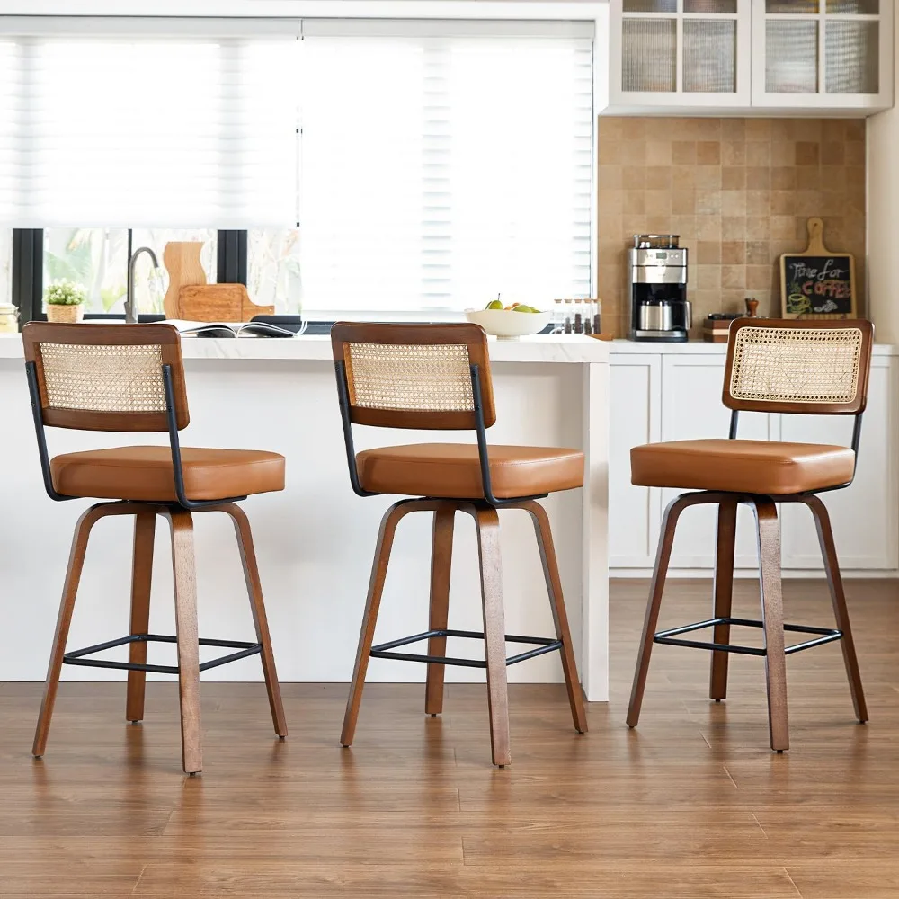 

Swivel Counter Height Bar Stools Set of 3,Mid Century Modern Barstools with Rattan Back,27 inch Seat Height Solid Wood Kitchen