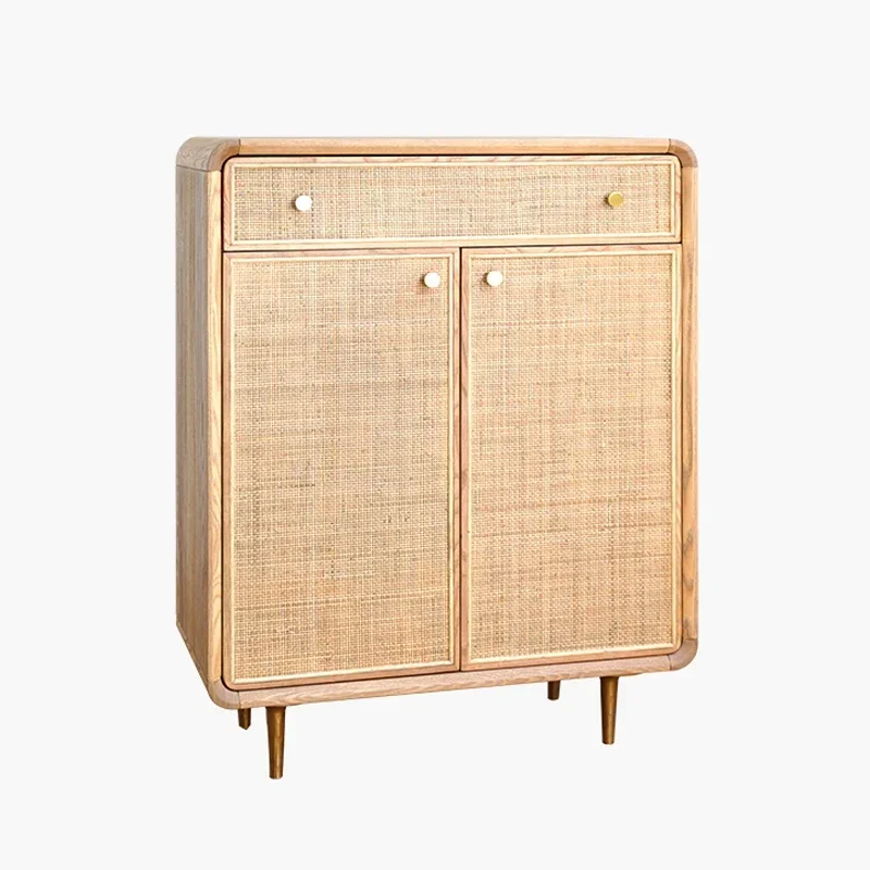 Premium New Arrival Solid Wood Shoe Rack For Household Doorstep, Indoor Rattan Weaving Storage