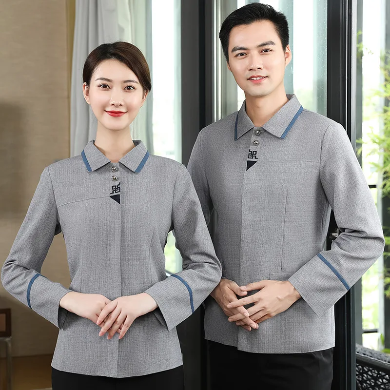 Lapel Embroidered Work Clothes Women's Long-Sleeved Workwear Hotel Room Aunt Cleaning Service Uniform Autumn and Winter