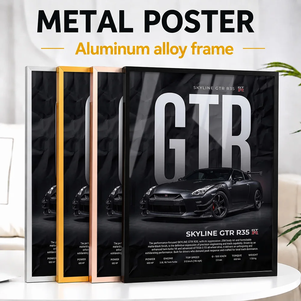 Black Sleek Japan Skyline GTR R35 Framed Metal Poster Personalized Photo Technical Blueprint Style Wall Art For Collector Room