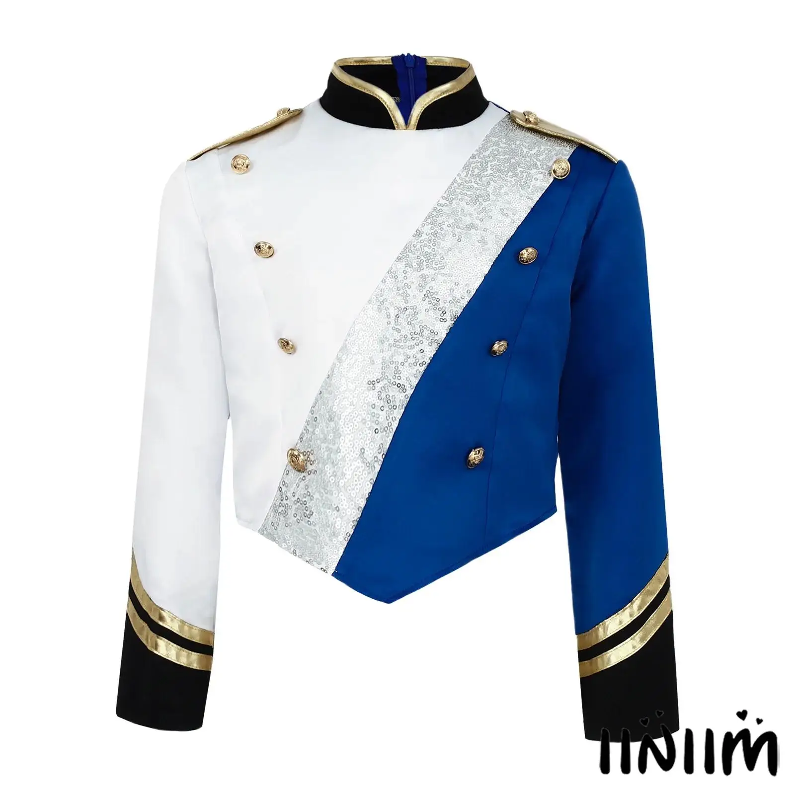 

Kids Boys Marching Band Costume Uniform Metallic Gloss Patchwork Sequins Long Sleeve Epaulets Buttons Back Invisible Zipper Top