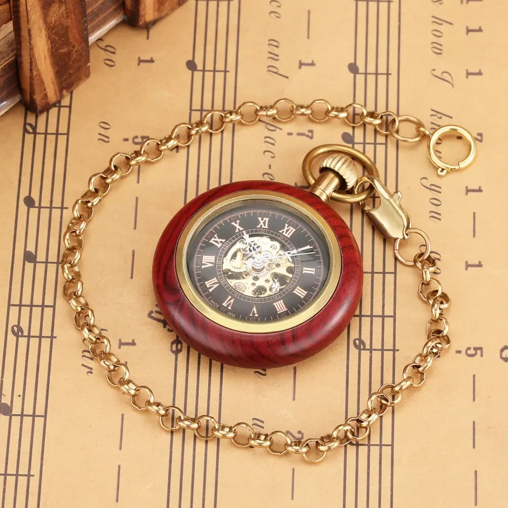 Red Wood Open Face Mechanical Hand Winding Pocket Watch with Rose Gold Roman Numerals Dial Vintage Fob Chain Pendant Clock