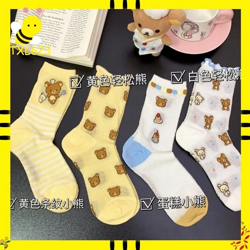 

Женские носки до середины икры с мультяшным рисунком Rilakkuma, весенне-летние, новый стиль, дышащие, сетчатые, с вырезами, милые, модные, трендовые носки