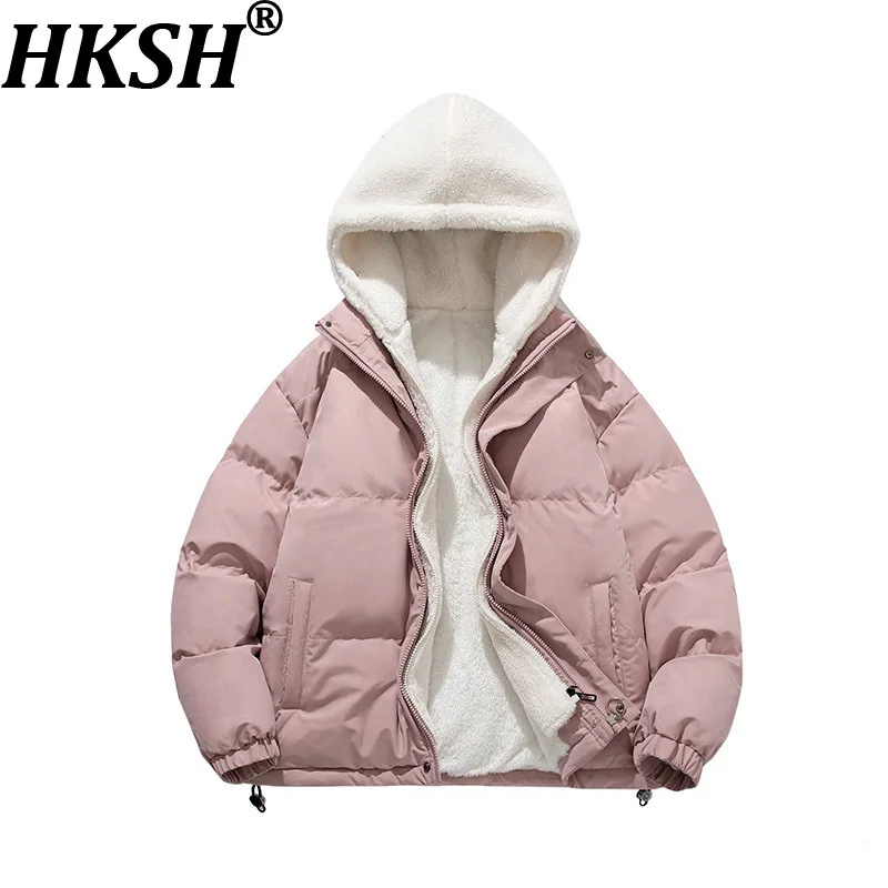 HKSH Autumn Winter New Men Fashion Fake Two-Piece Hooded Warm Jacket Trendy Casual Lamb Wool Patchwork Women Padded Coat HK16319