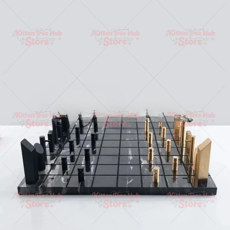 Golden Metal Chessboard with Marble Squares, Geometric Check King Game, Home Decor