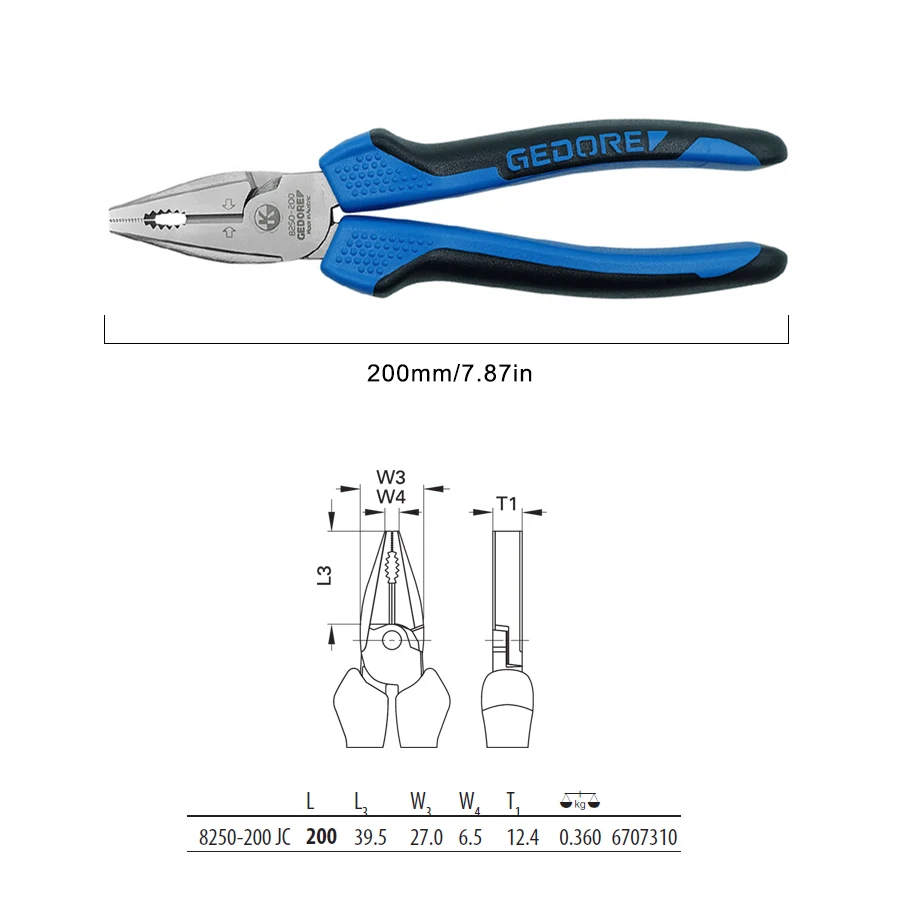 Narzędzie GEDORE 8250-200 JC o dużej mocy dźwigni kombinerki ciężkich szczypce do cięcia bocznych 200 mm do przewodów i kabli