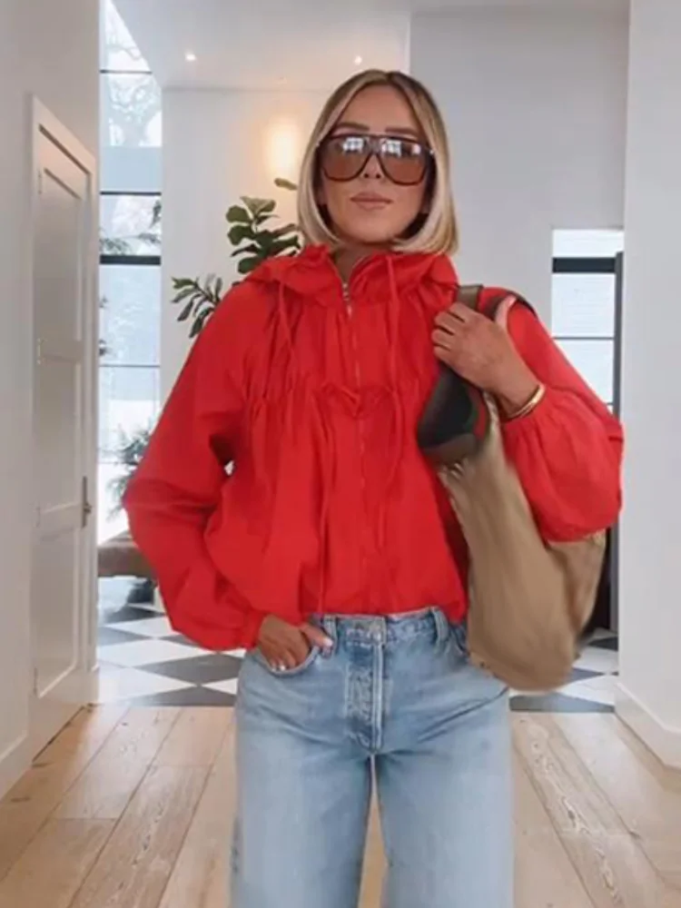 

Casual Long Sleeve Zipper Female Oversize Coat Vintage Red Hooded Jacket For Women 2026 Spring New Lady Pockets Outerwear Stret