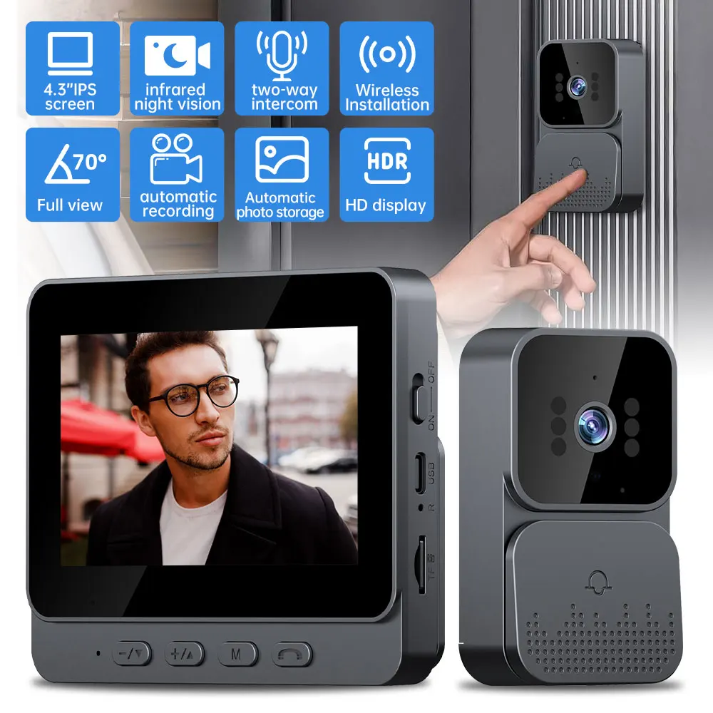 Citofono intelligente WiFi 4.3 ''IPS HD 2.4G con videocitofono wireless Monitoraggio della visione notturna domestica Telecamera di conversazione bidirezionale Suoneria