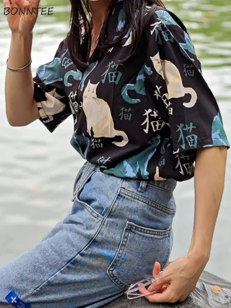 

Half-Sleeve Shirts for Women Trendy All-match Cat Printed Vintage Loose Tops Mujer Japanese Style High Street Students Summer
