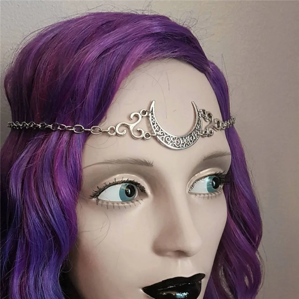 Gothic Infidels Geometric Hollowed-out Crescent Moon Head Chain for Women Hallowmas Party Forehead Hair Jewelry Accessories Gift