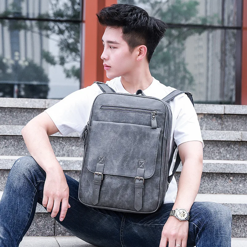 Vintage PU Leather Men Backpack Large Capacity Student School Bags For Boys Fashion Laptop Bag Man Sports Travel Backpack