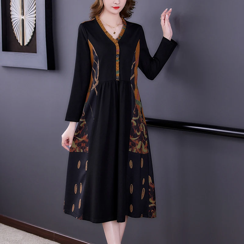 2023 New Fashion Silk Dress Women's Autumn Versatile Bottom V-neck Long Sleeve Loose Fit Holiday Party Dress Vestidos