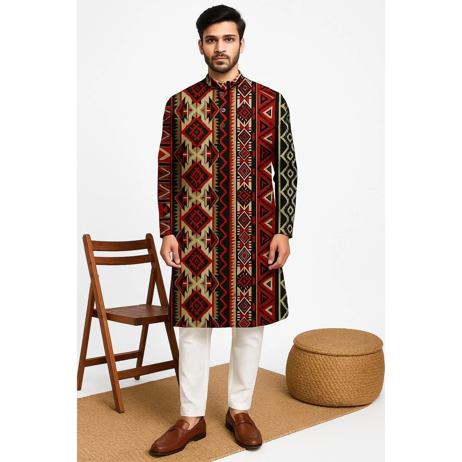 Uomo stampa digitale kurta pensiha vestibilità regolare colletto alla coreana lungo adatto per tutte le occasioni come matrimonio Hari Raya Aidilfitri