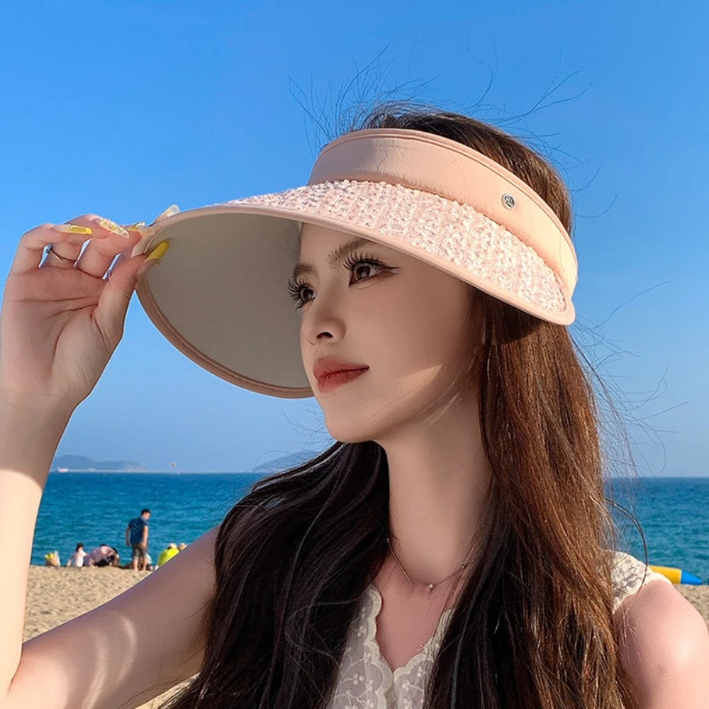 

Fashion Anti-UV Sequin Sun Hat Shiny Summer Empty Top Cap Wide Brim Elastic Buckle Visor Cap Beach