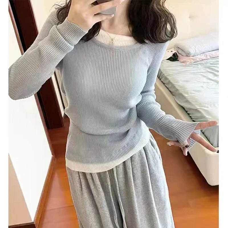 Autumn Winter Sweater Women\'s O-neck fake two pieces Pullover Women\'s Trumpet Sleeve Top Solid Color Knitwear Trending Sweaters