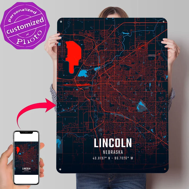 Mapa de Lincoln City em Metal com Textura 3D, Poster Personalizado, Arte de Parede, Placa de Metal, Presente para Mancave, Decoração Moderna para Casa, Luxo, Wand Deko