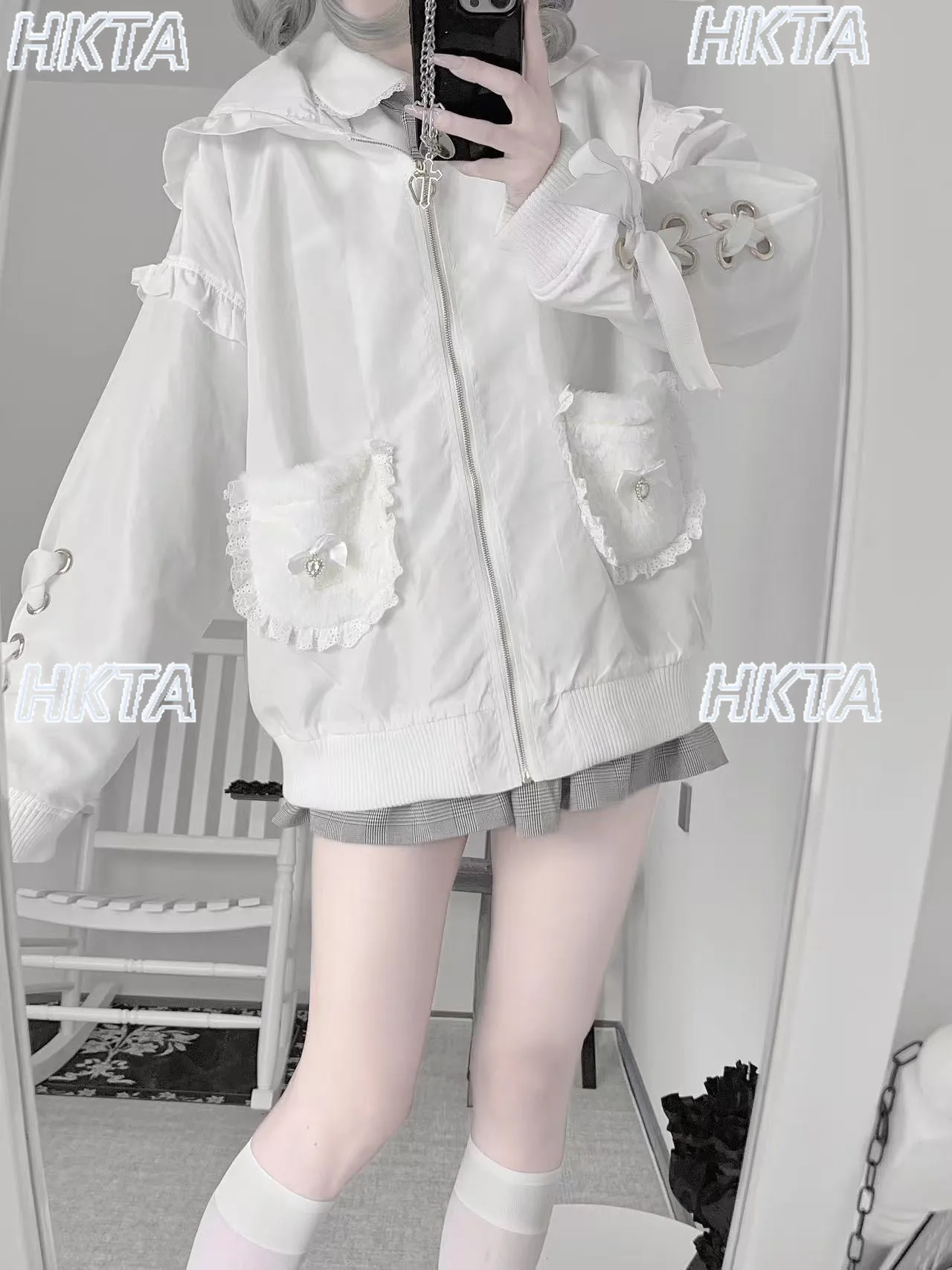 Japanese Mass Production Clothes 2026 Subculture Dark Sweet Lace Pleated Bow Loose Hooded Jacket Y2k Punk Goth Black Coat Women
