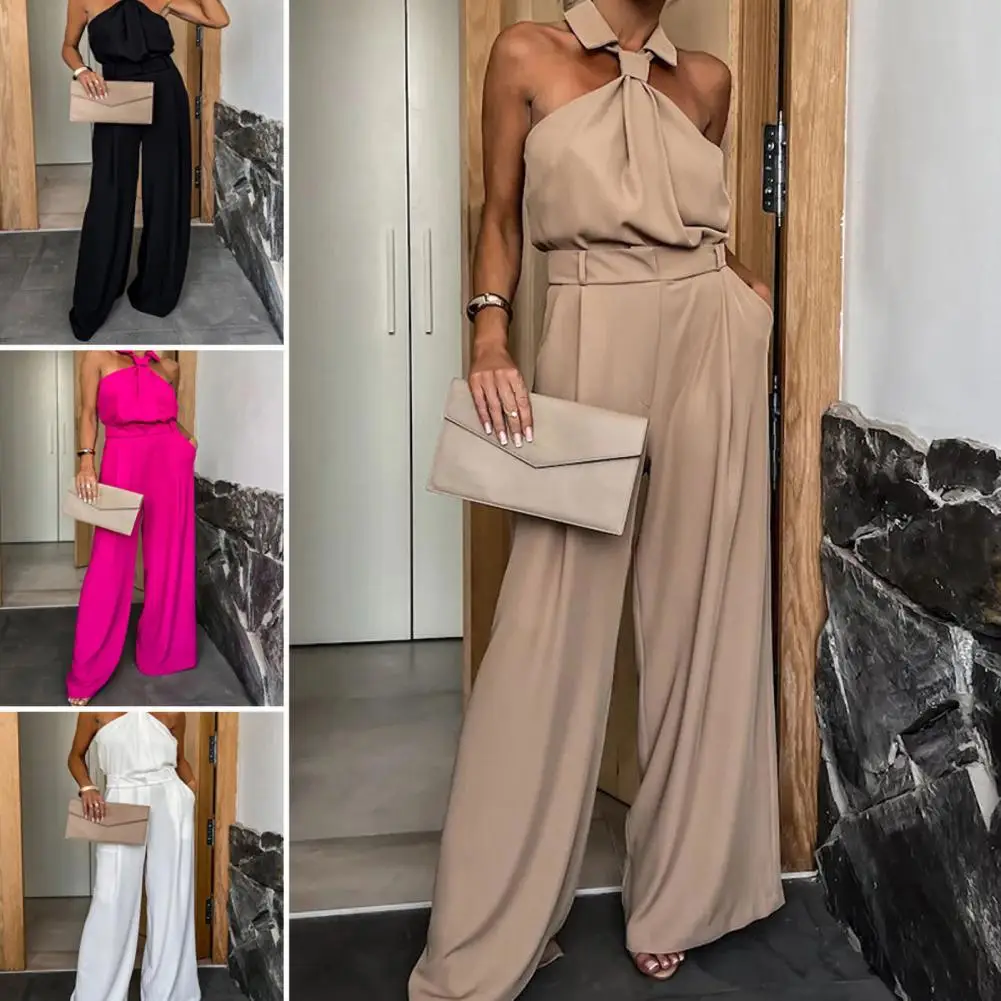 Wide Leg Summer Women Jumpsuit Halter Neck Lapel Off Shoulder Jumpsuit Back Zipper Closure High Waist Vacation Beach Jumpsuit