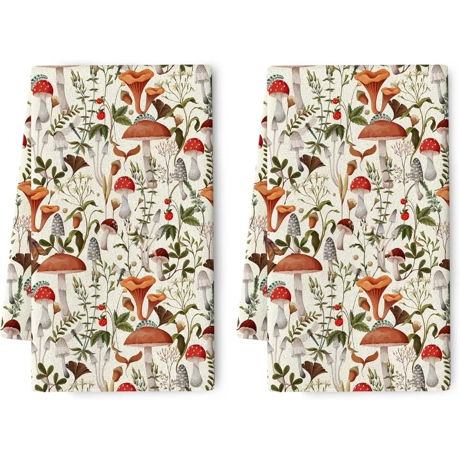 

Boho Mushroom Decor Kitchen Dish Towel Decorative Set of 2 Soft Absorbent Cute Botanic Plant Beige Tea Hand Towels for Kitchen