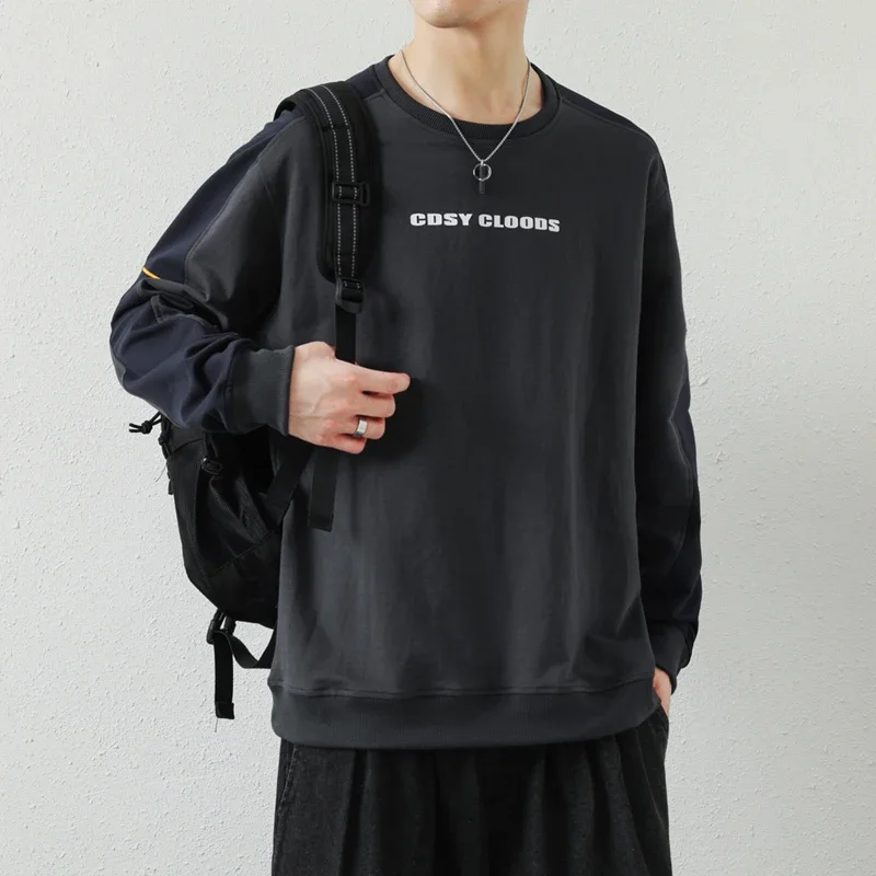 Letter Print Black Sweatshirts Mans Color Blocking Loose O Neck Casual Pullovers for Men Fashion Oversize Clothes