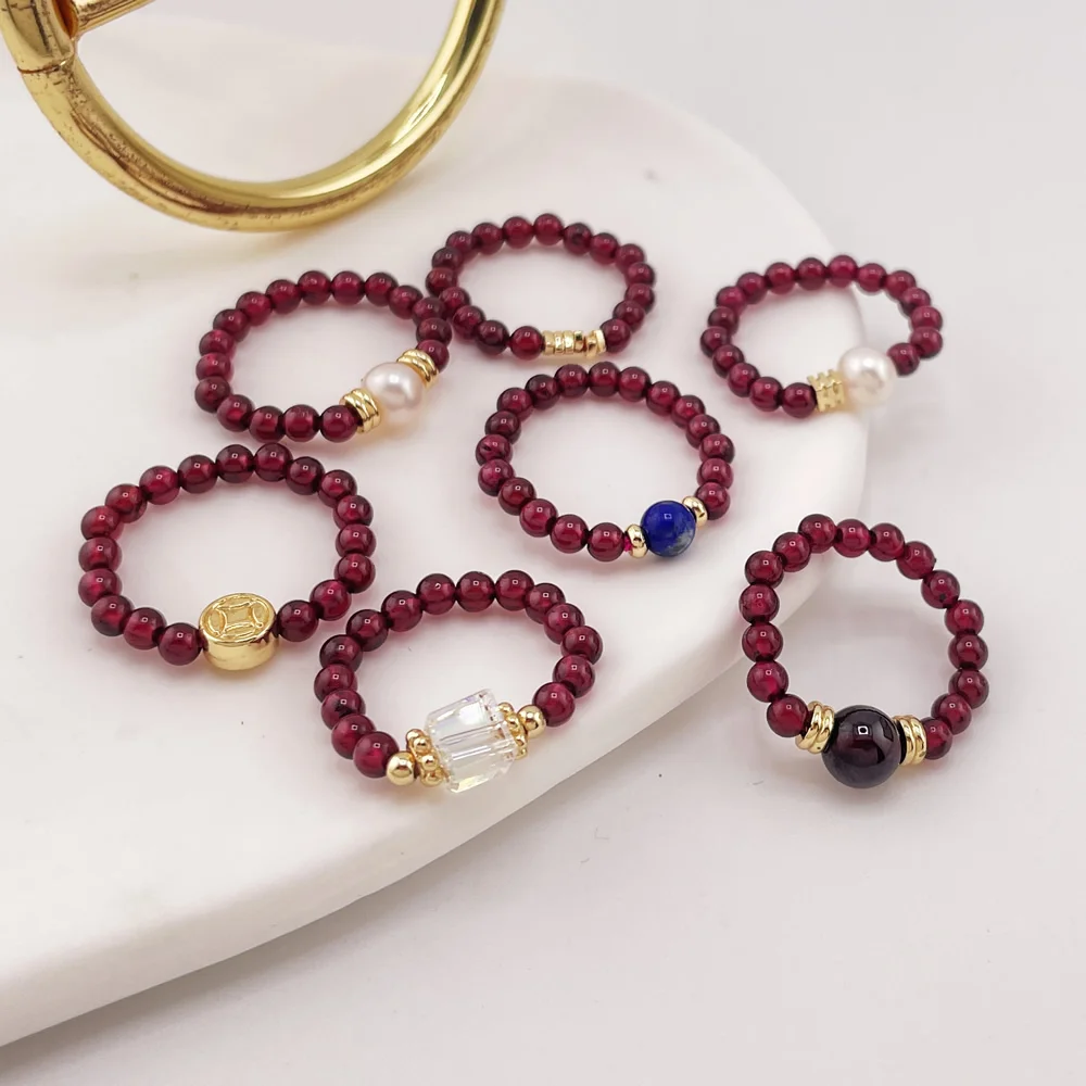 Anillos de piedra de granates naturales a la moda para mujer, colgante de perla auténtica, granates rojos redondos pequeños, anillos elásticos con cuentas de cristal apilables
