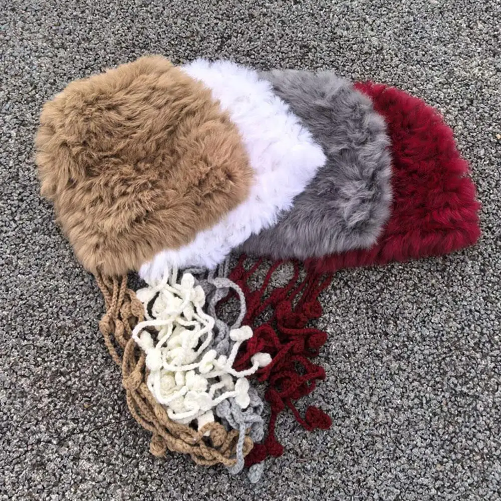Плюшевая шапка-балаклава из искусственного кроличьего меха, вязаная шапка, теплая шапка с кисточками на шнурке, уличная ветрозащитная шапка-ушанка, зимняя холодная шапка