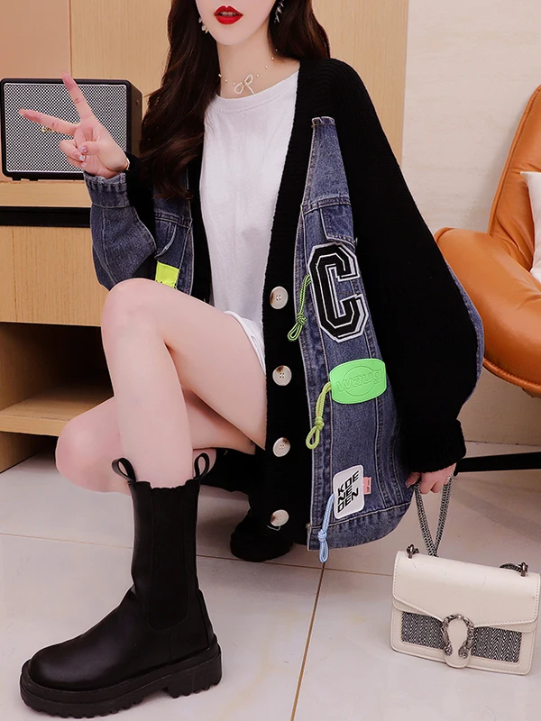 

Lazy Sle Джинсовый лоскутный трикотаж Кардиган Свободный крой V-Ne Long Sve Теплая верхняя одежда Повседневный осенне-зимний топ для поездок на работу