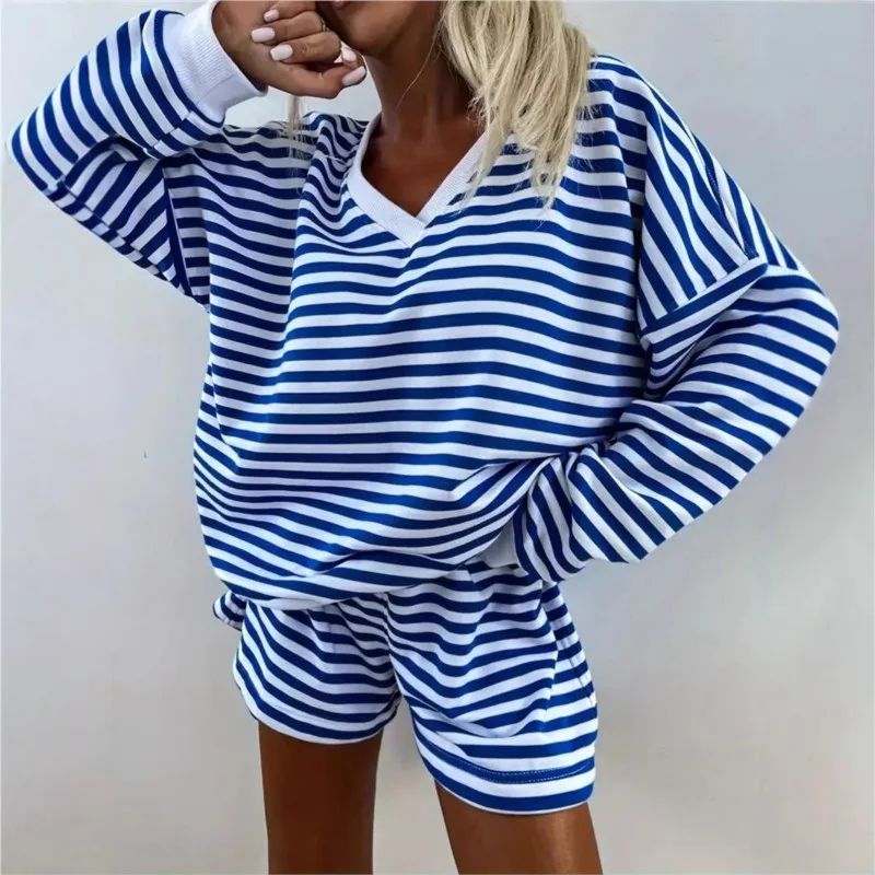 

2025 New Women's Casual Stripe Set Long Sleeve V-neck Loose Pocketless Hoodie Top Sports Shorts Comfortable Summer 2-piece Set