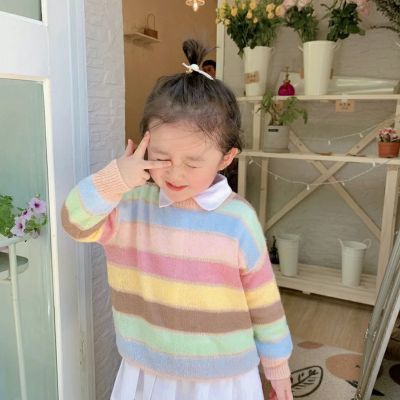 Mother And Daughter Sweater Mom Baby Girl Matching Family Knitted Jumper Women\'s Sweaters Fashion Rainbow Kids Knit Pullover Top