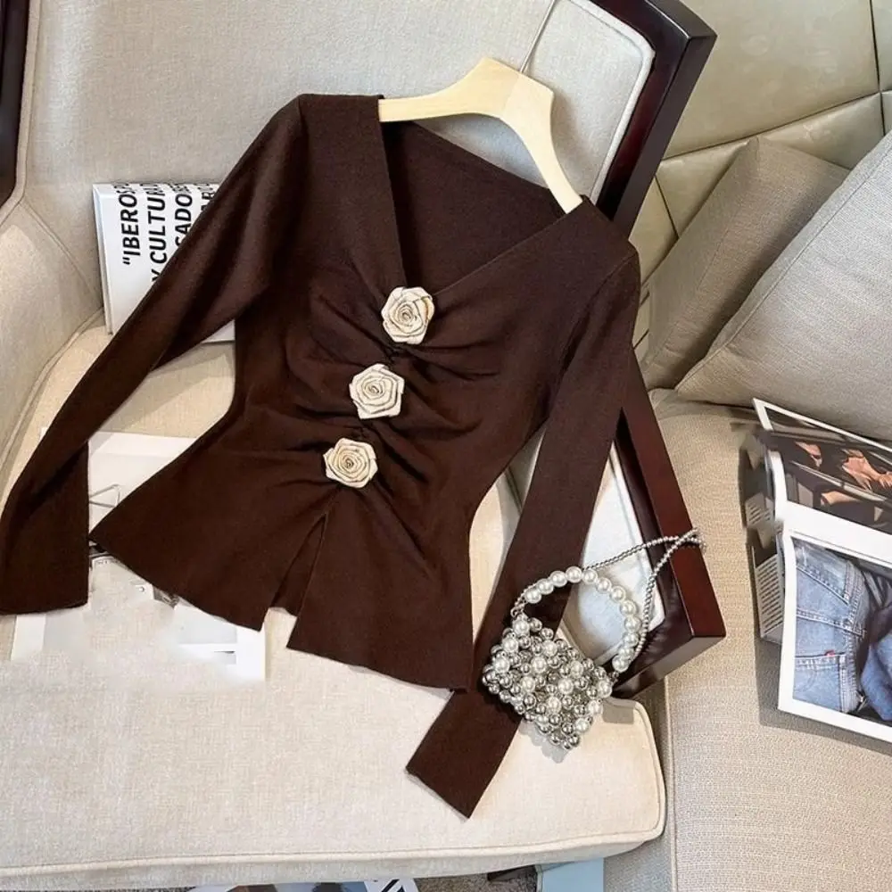 

Шикарный плиссированный трикотажный топ с длинными рукавами, пуловер с 3D-цветами роз, облегающий, милый вязаный топ для женщин