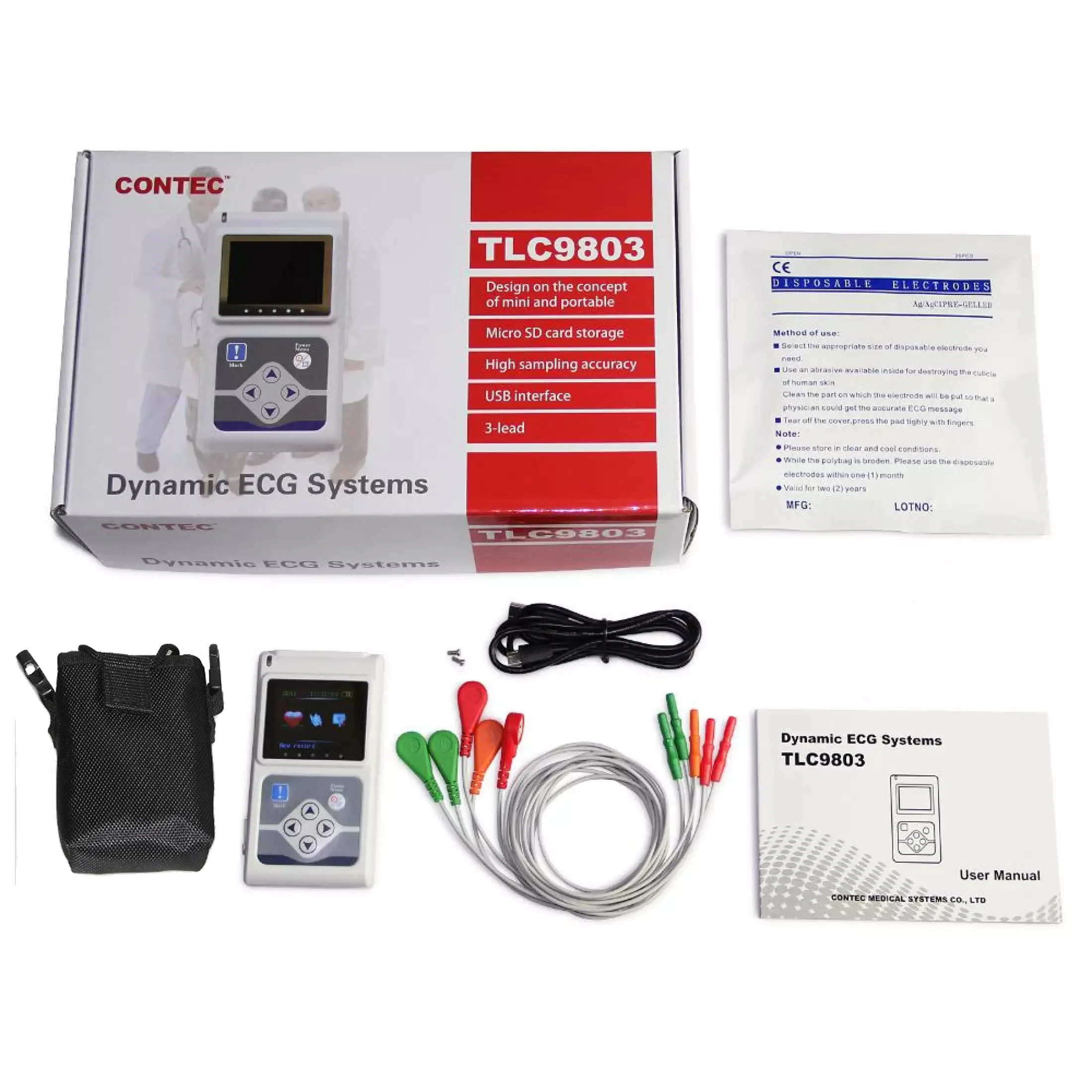 CONTEC-TLC 9803 Dynamic ECG Monitor System, 24 horas gravador, suporte, com cabo adicional e eletrodos, adicional