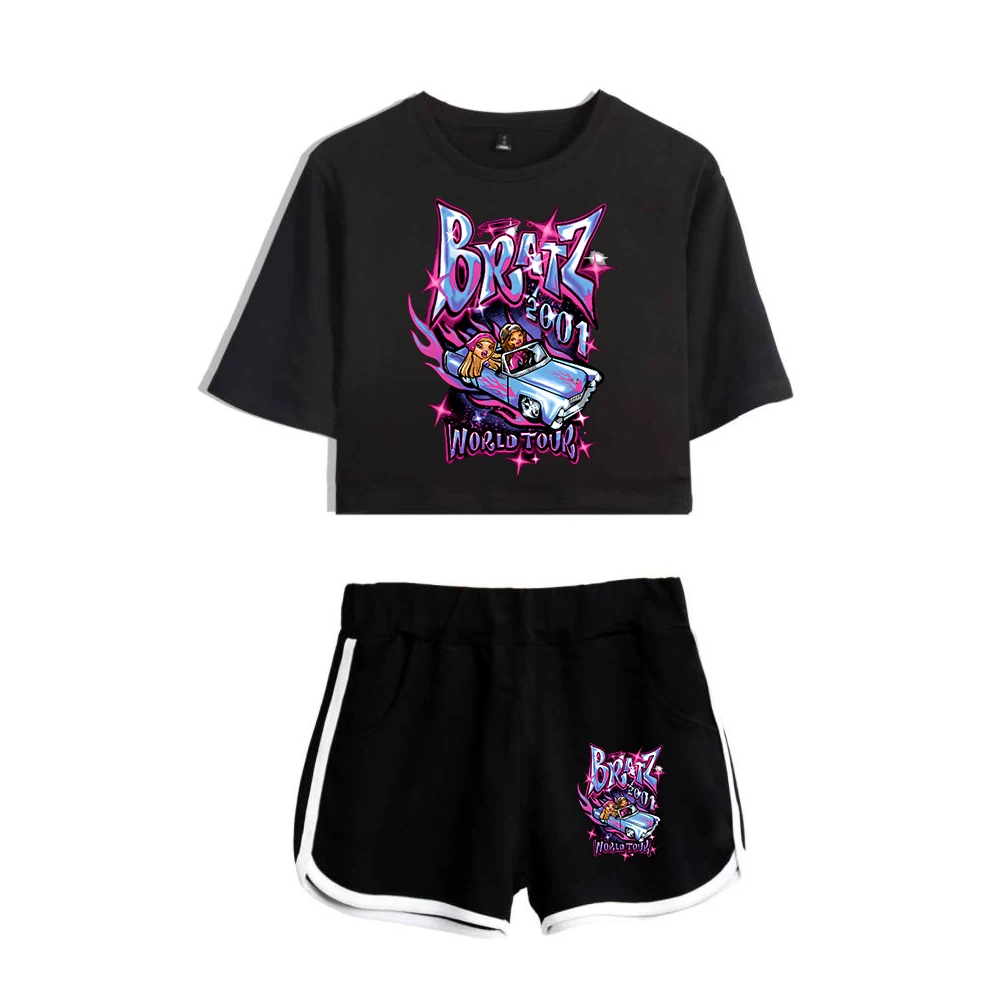 Bratz Cartoon Pattern Female Two Piece Set Short Sleeve Tee Crop Top+Shorts Women's Sets