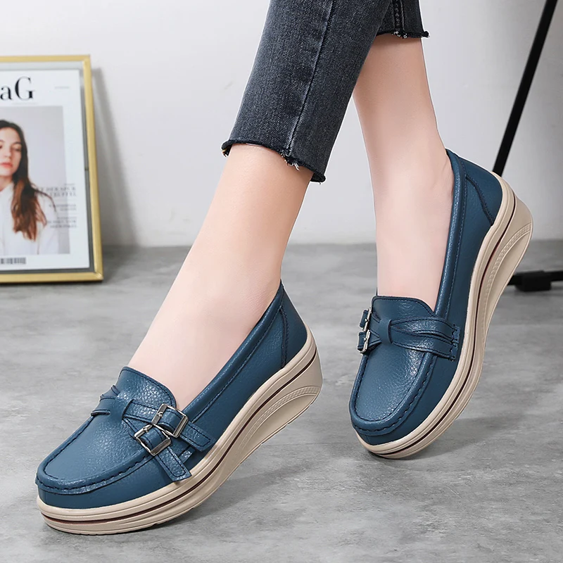 2022 Spring Autumn Women Flats Platform Loafers Ladies Leather Comfort Wedge Moccasins Orthopedic Slip On Casual Shoes plus size