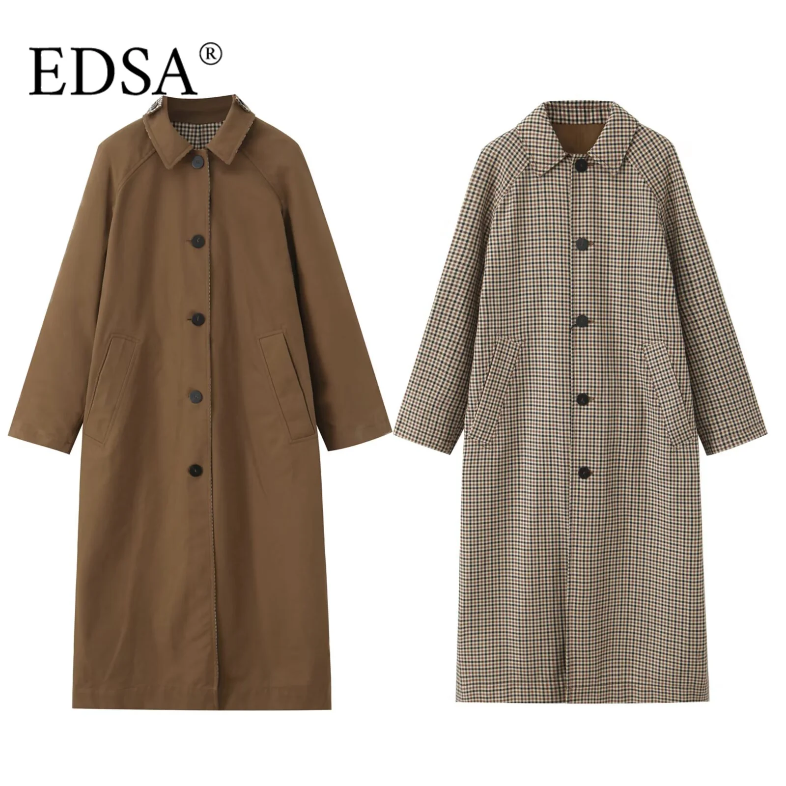 

EDSA Women Reversible Single Breasted Long Trench Long Sleeves Loose Jacket Autumn Winter Female Outerwear