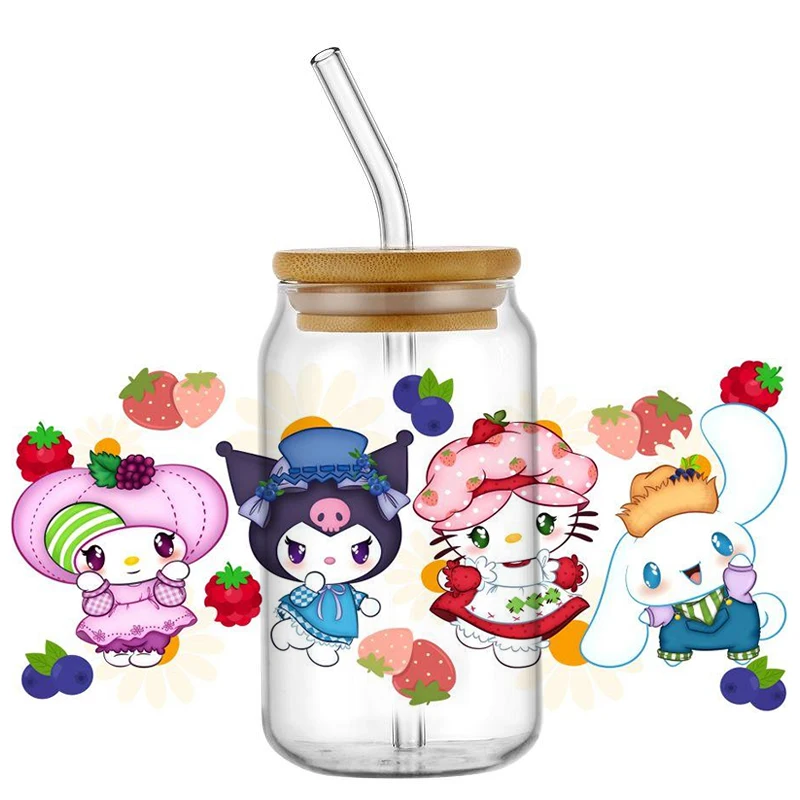 

Miniso Cartoon Fruit Kitty Cat Pattern UV DTF Transfer Sticker Waterproof Transfers Decals for 16oz Glass Cup Wrap Stickers