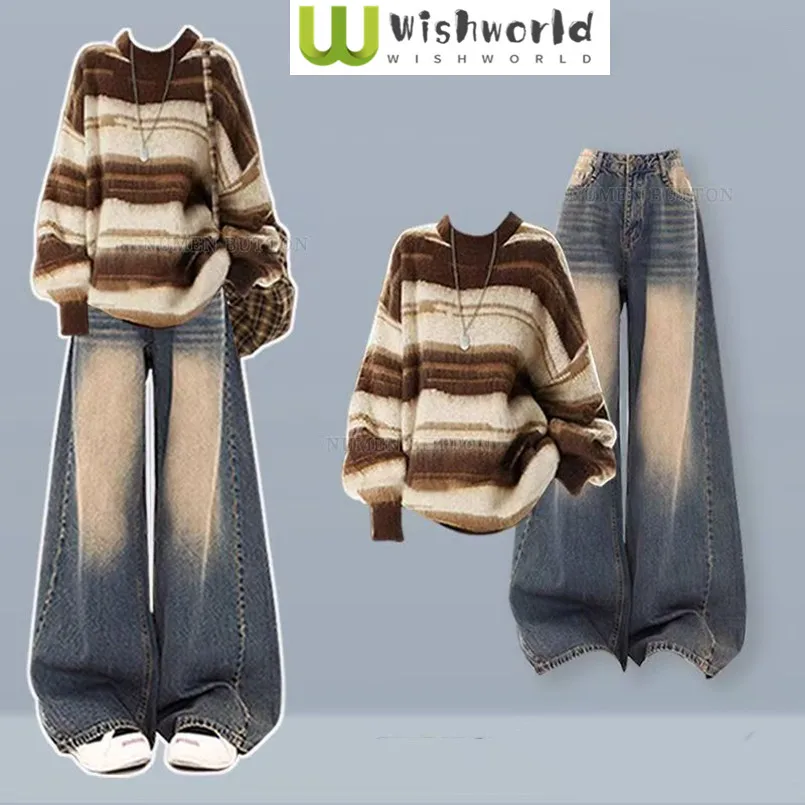 春と秋のセット レディース ファッション 年齢を若く見せる ストライプ柄 ニットセーター カジュアル 細見えジーンズ ツーピースセット