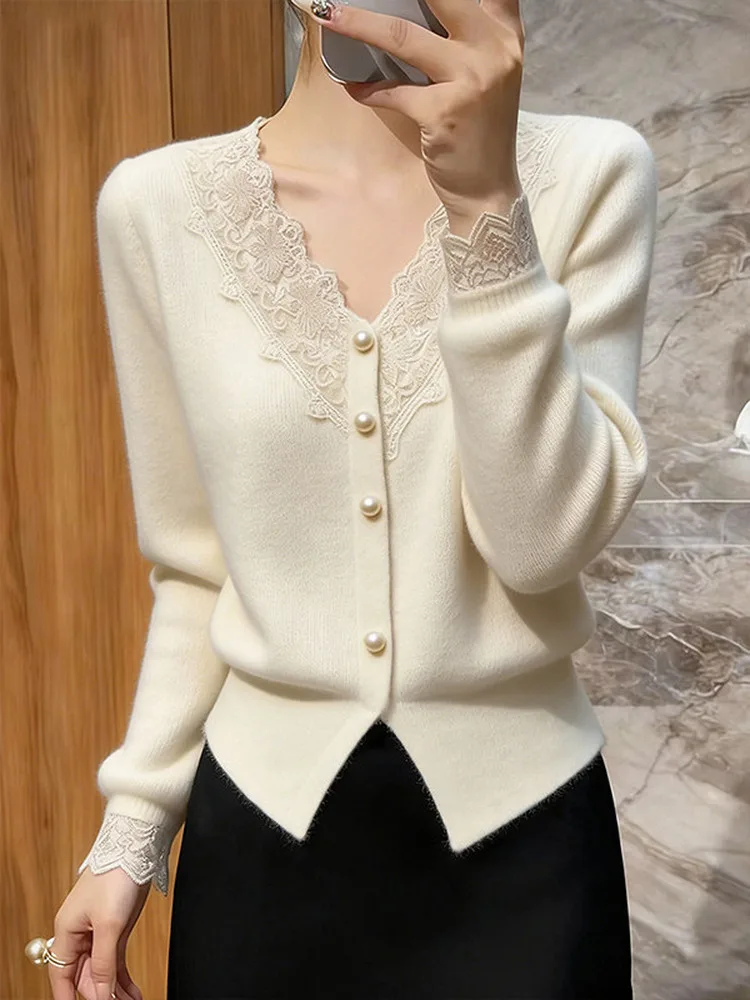 

Korean Style Lace V-Neck Knitted Open Cardigan Spring 2026 New Fashion Versatile High-End Feeling Top Commute Friendly Regula...