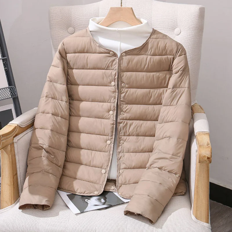 2024 New Winter Women Down Cotton Jackets Collarless Button Light Weight Warm Coat O-Neck Bottom Liner Female Fluffy Parkas